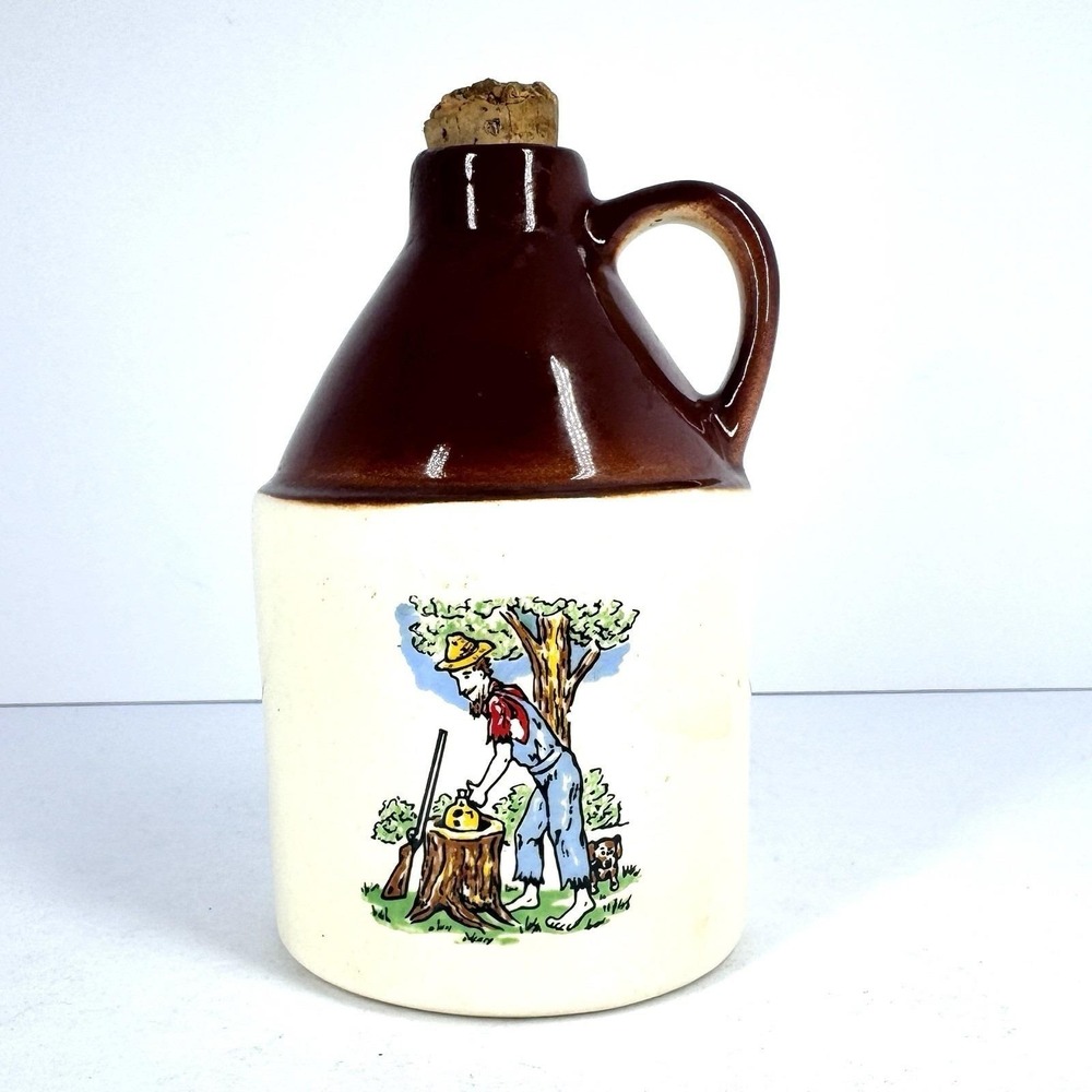 Vintage Mini Stoneware Maple Syrup Jug Cork Stopper Brown Cream USA Pottery
